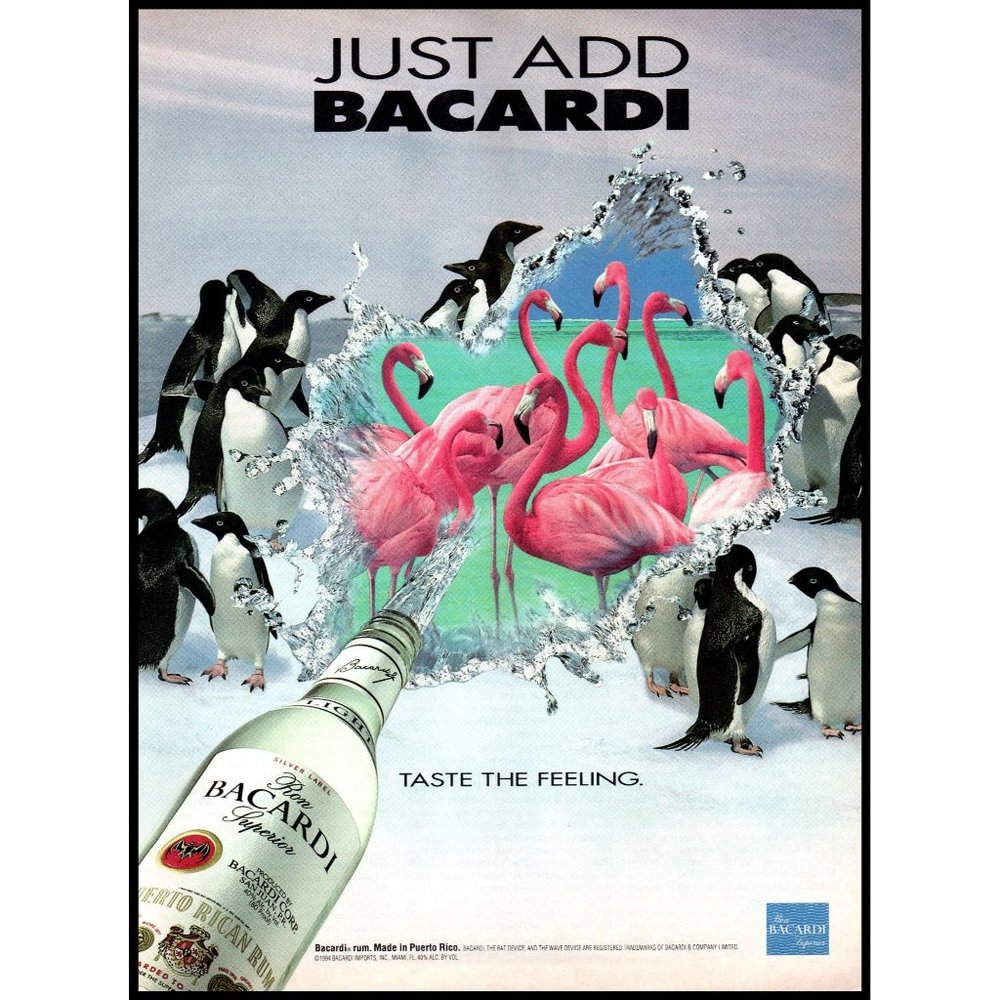1994 Bacardi Rum Taste the Feeling Vintage Print Ad Ocean Flamingos Penguins Art